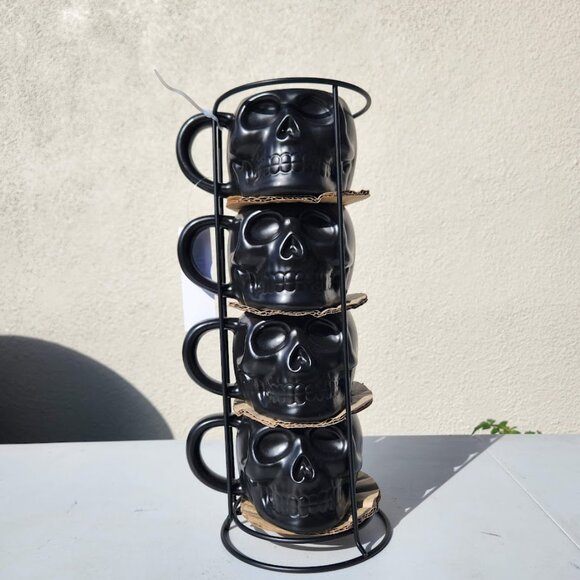 NEW Skull Mug Set of 4 Stackable Mugs Dia De Los Muertos Skulls Halloween Stonew - Picture 5 of 16